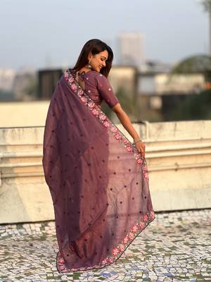 Wine thread embroidery floral border work organza silk   elegant festive style 2