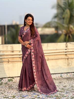 Wine thread embroidery floral border work organza silk   elegant festive style 3