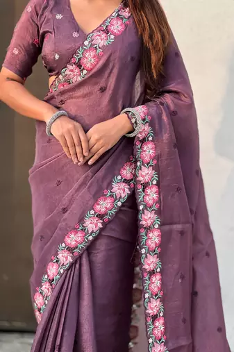 Wine thread embroidery floral border work organza silk   elegant festive style