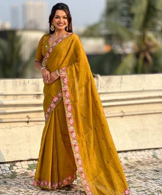 Mustard thread embroidery floral border work organza silk   elegant festive style 1