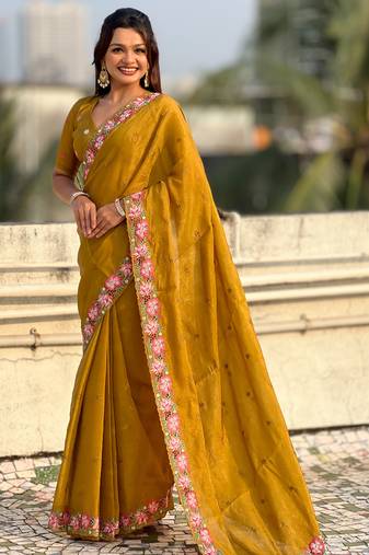 Mustard thread embroidery floral border work organza silk   elegant festive style