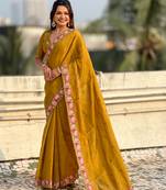 Mustard thread embroidery floral border work organza silk   elegant festive style