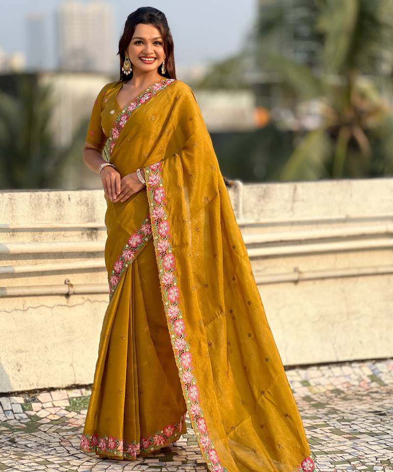 Mustard thread embroidery floral border work organza silk   elegant festive style
