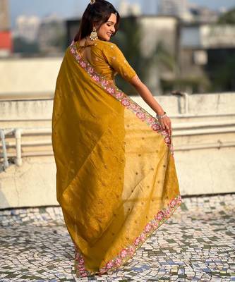 Mustard thread embroidery floral border work organza silk   elegant festive style 2