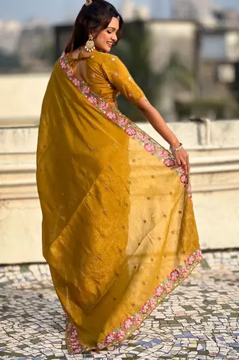 Mustard thread embroidery floral border work organza silk   elegant festive style