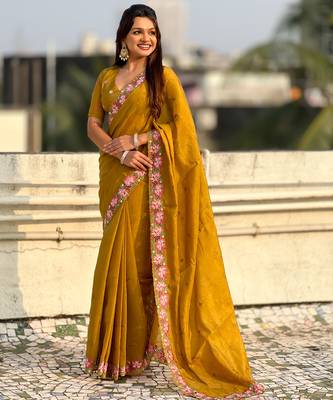 Mustard thread embroidery floral border work organza silk   elegant festive style 3