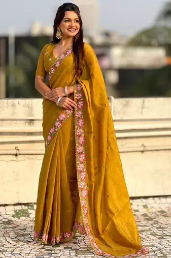 Mustard thread embroidery floral border work organza silk   elegant festive style
