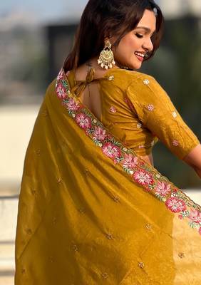 Mustard thread embroidery floral border work organza silk   elegant festive style 4