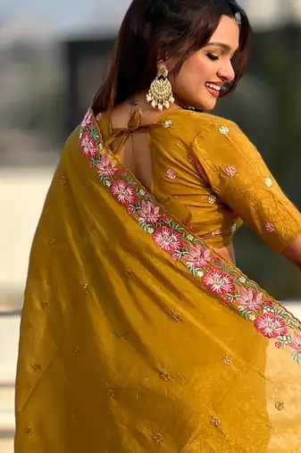 Mustard thread embroidery floral border work organza silk   elegant festive style
