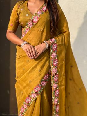 Mustard thread embroidery floral border work organza silk   elegant festive style 5