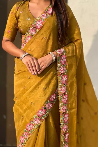 Mustard thread embroidery floral border work organza silk   elegant festive style