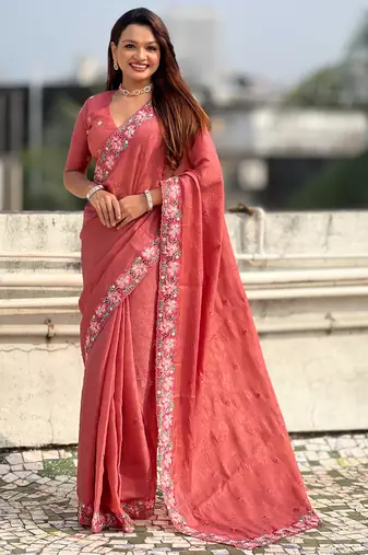 Peach thread embroidery floral border work organza silk   elegant festive style