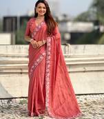 Peach thread embroidery floral border work organza silk   elegant festive style