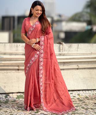 Peach thread embroidery floral border work organza silk   elegant festive style 3