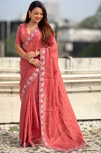Peach thread embroidery floral border work organza silk   elegant festive style