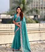 Teal thread embroidery floral border work organza silk   elegant festive style