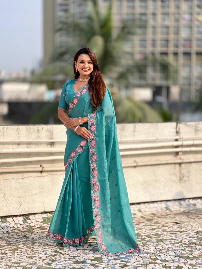 Teal thread embroidery floral border work organza silk   elegant festive style