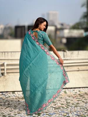 Teal thread embroidery floral border work organza silk   elegant festive style 2