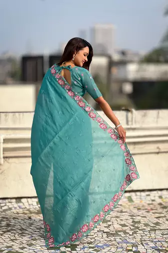 Teal thread embroidery floral border work organza silk   elegant festive style