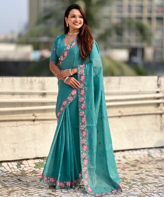Teal thread embroidery floral border work organza silk   elegant festive style 3