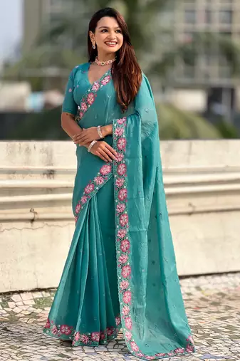 Teal thread embroidery floral border work organza silk   elegant festive style