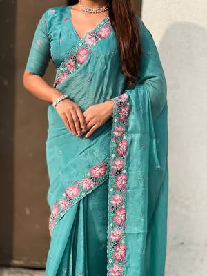 Teal thread embroidery floral border work organza silk   elegant festive style 5