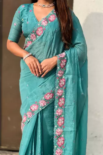 Teal thread embroidery floral border work organza silk   elegant festive style