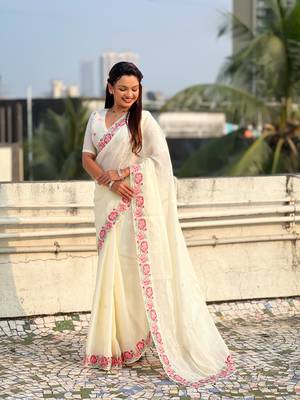 Cream thread embroidery floral border work organza silk   elegant festive style 1
