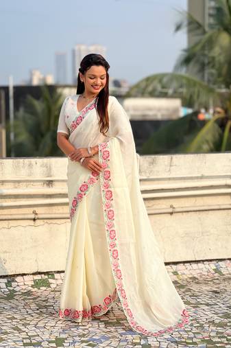 Cream thread embroidery floral border work organza silk   elegant festive style