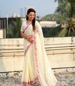 Cream thread embroidery floral border work organza silk   elegant festive style