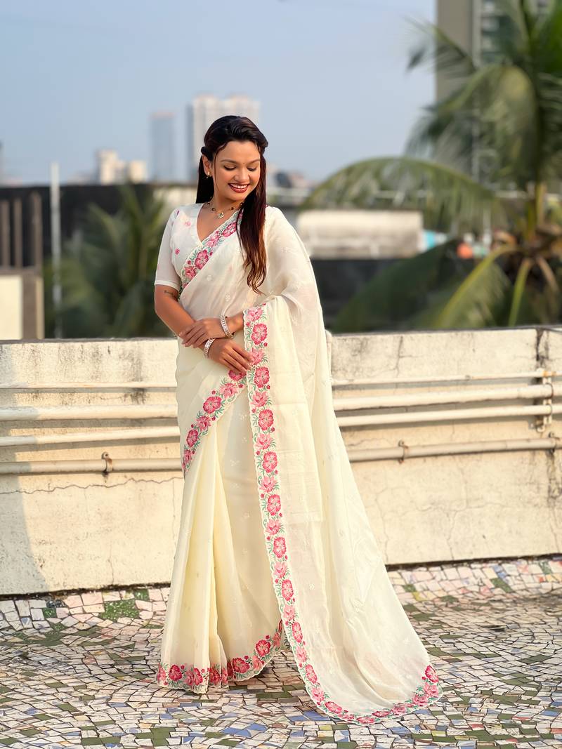 Cream thread embroidery floral border work organza silk   elegant festive style