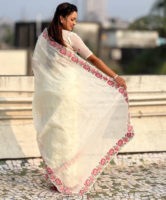 Cream thread embroidery floral border work organza silk   elegant festive style 2