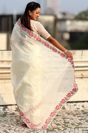 Cream thread embroidery floral border work organza silk   elegant festive style