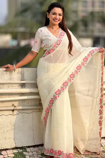 Cream thread embroidery floral border work organza silk   elegant festive style