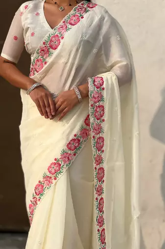 Cream thread embroidery floral border work organza silk   elegant festive style