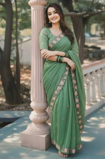 Green thread embroidery floral border work organza silk   elegant festive style