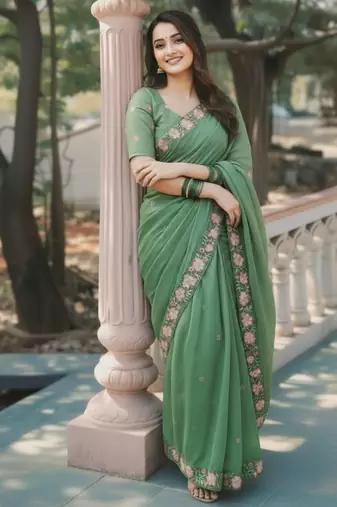 Green thread embroidery floral border work organza silk   elegant festive style