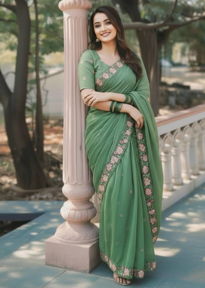 Green thread embroidery floral border work organza silk   elegant festive style