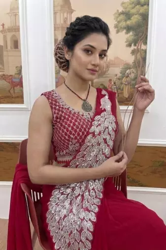 Rani Pink Color Embroidered,Thread & Sequins Work Work Faux Georgette Ready To Wear Saree