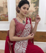 Rani Pink Color Embroidered,Thread & Sequins Work Work Faux Georgette Ready To Wear Saree
