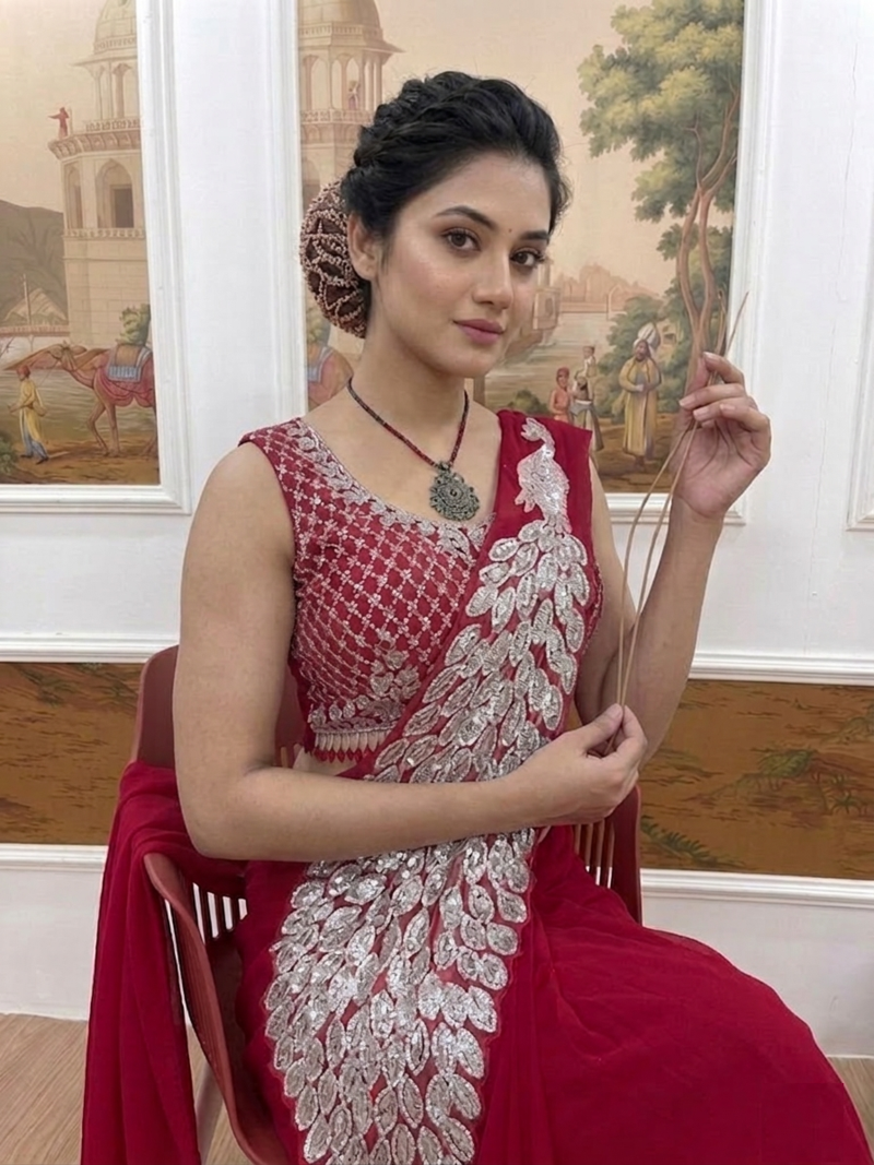 Rani Pink Color Embroidered,Thread & Sequins Work Work Faux Georgette Ready To Wear Saree