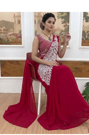 rani pink embroidered,thread & sequins work work faux georgette pre draped saree 2