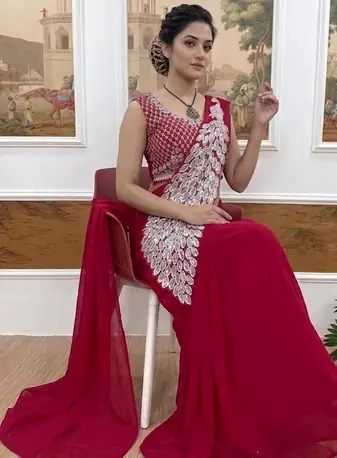 rani pink embroidered,thread & sequins work work faux georgette pre draped saree