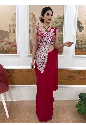 rani pink embroidered,thread & sequins work work faux georgette pre draped saree 3