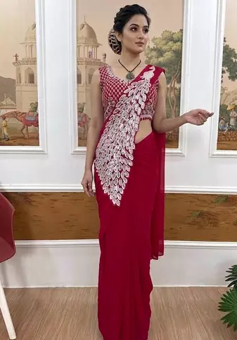 rani pink embroidered,thread & sequins work work faux georgette pre draped saree