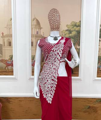 rani pink embroidered,thread & sequins work work faux georgette pre draped saree 4