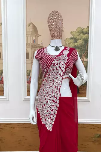 rani pink embroidered,thread & sequins work work faux georgette pre draped saree