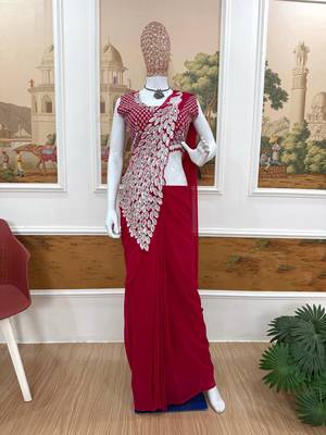 rani pink embroidered,thread & sequins work work faux georgette pre draped saree 5