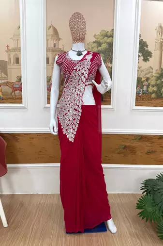 rani pink embroidered,thread & sequins work work faux georgette pre draped saree