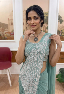 sea green embroidered,thread & sequins work work faux georgette ready made saree 1
